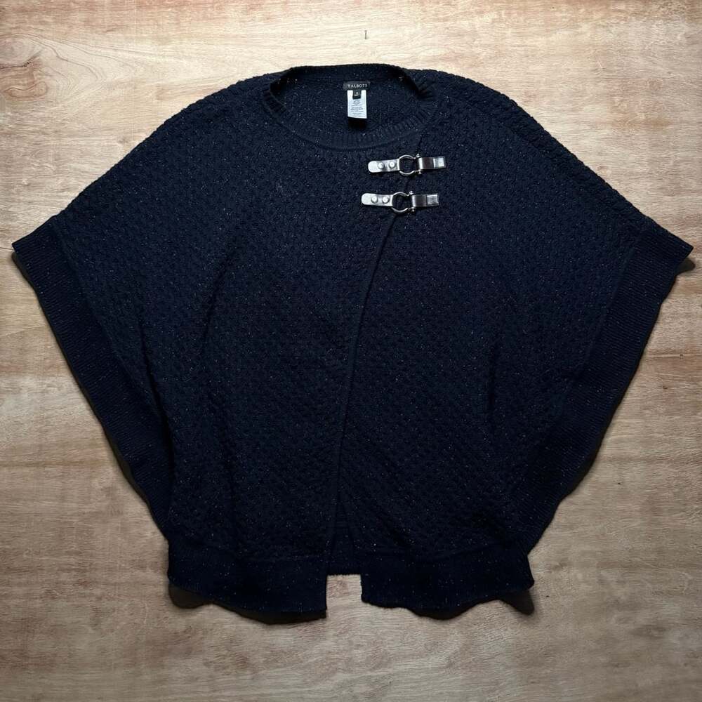 Talbots Dark Navy Knit Poncho Cape Sweater S Leather Toggle Dark Academia